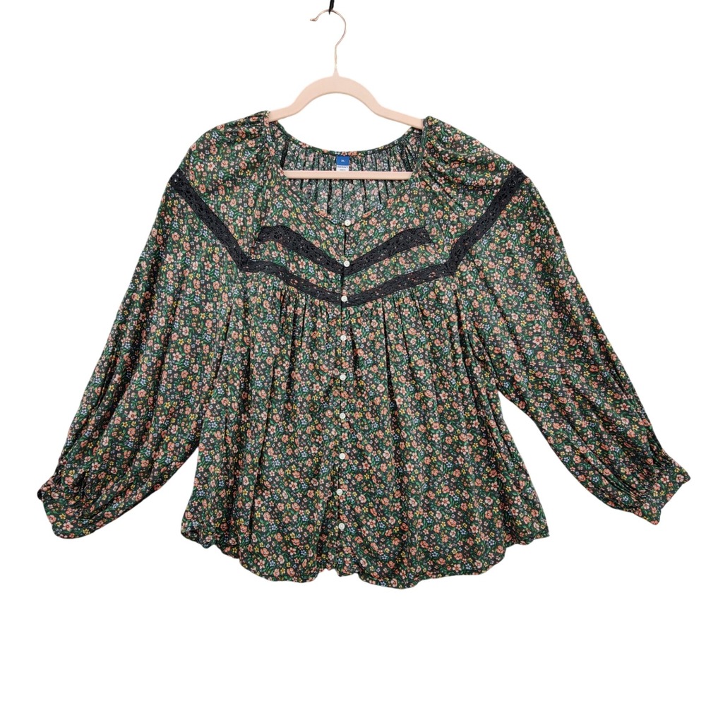 Old Navy Womens Rustic Boho Cottagecore Romantic Top XL Green Floral Lace Blouse